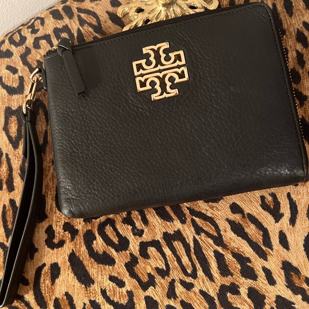 Tory Burch Black Wristlet with Gold Logo